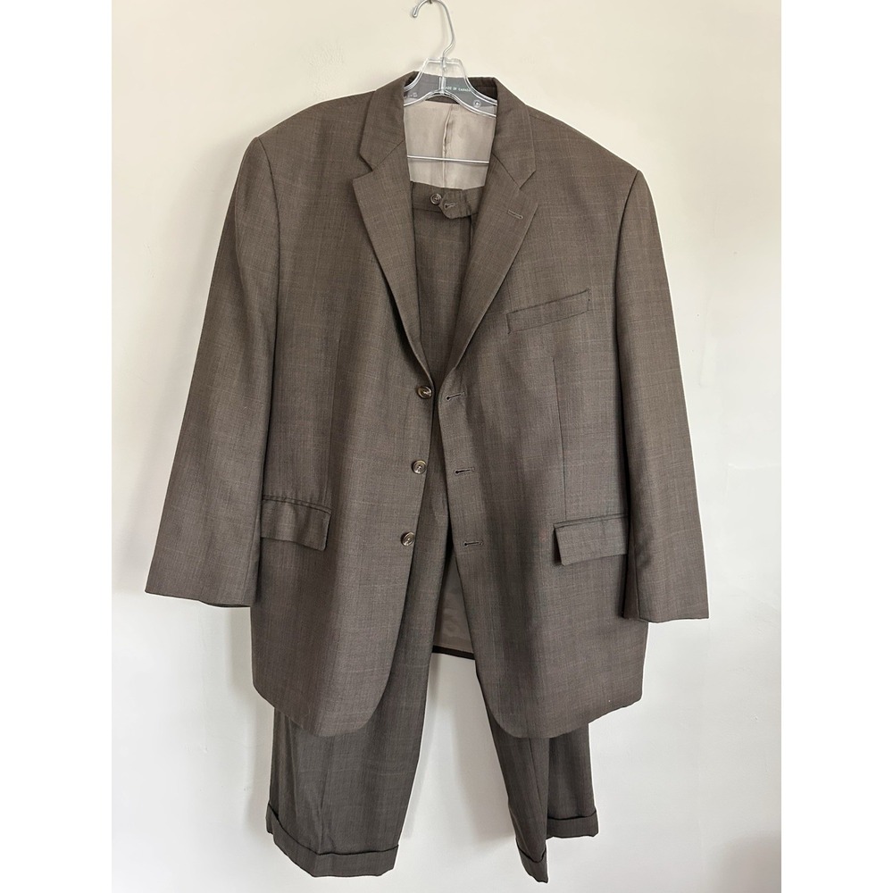 Lauren Ralph Lauren Men's Suit 52R Brown Plaid 100% Wool 42x28 Pleated Business